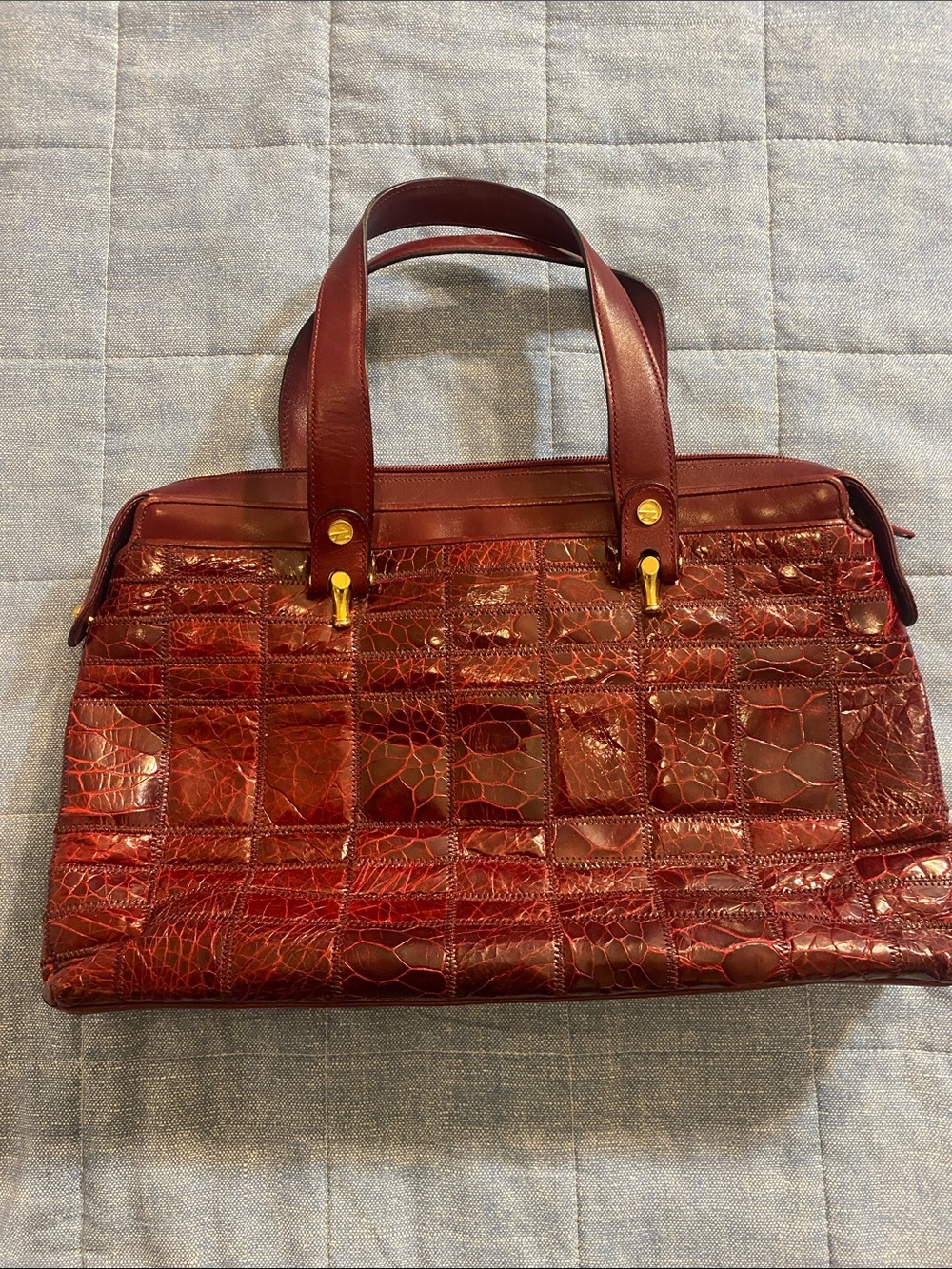 Vintage Zenith Bright Deep Red Patchwork Crocodile Hand Bag